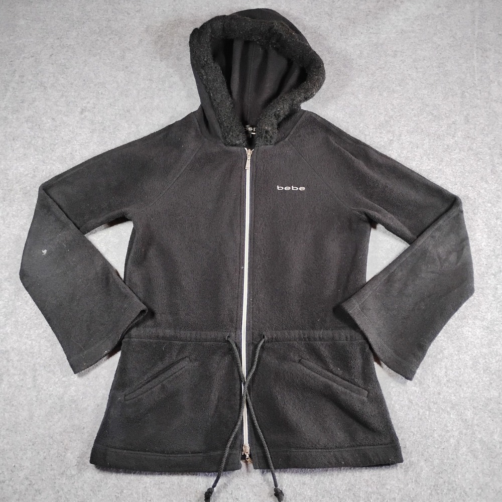 Bebe BBSP Womens Black Fleece Full Zip Hoodie Faux Fur Trim Hood Small 11168-OMJ